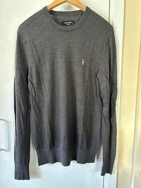 All Saints Men's Charcoal Gray Crewneck light Merino Wool Sweater